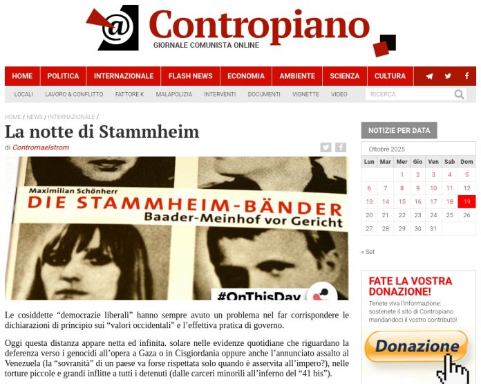 « La notte die Stammheim » dans Contropiano. Source : Contropiano, capture d'écran : Berlin, 19/10/2025, 15h30