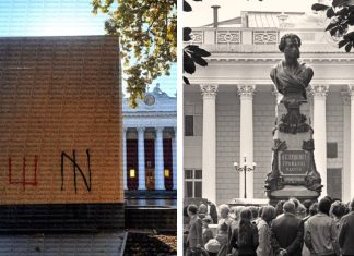 Fascistes à Odessa – Le monument dédié à Pouchkine dissimulé derrière des panneaux de particules